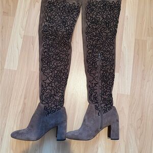 Jeffrey Campbell Taupe Suede Over-the-Knee Boots with Black Embroidered detail